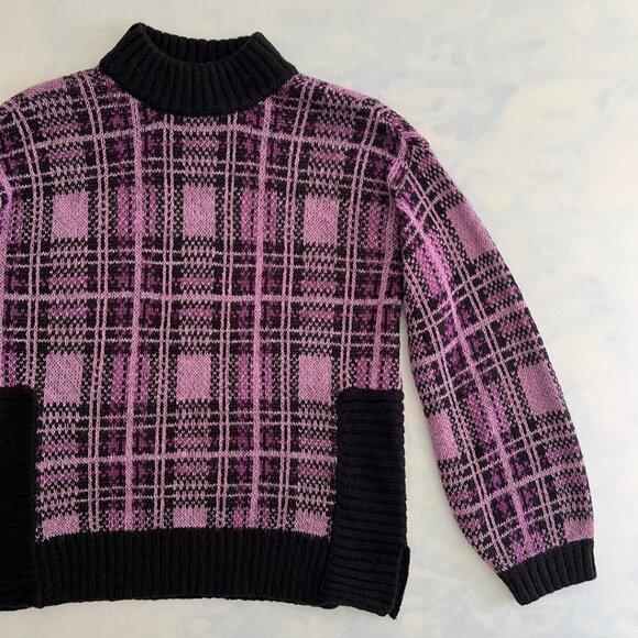 Nine West Purple & Black Plaid Knit Balloon Sleeve Mock Turtleneck Sweater - Picture 3 of 8